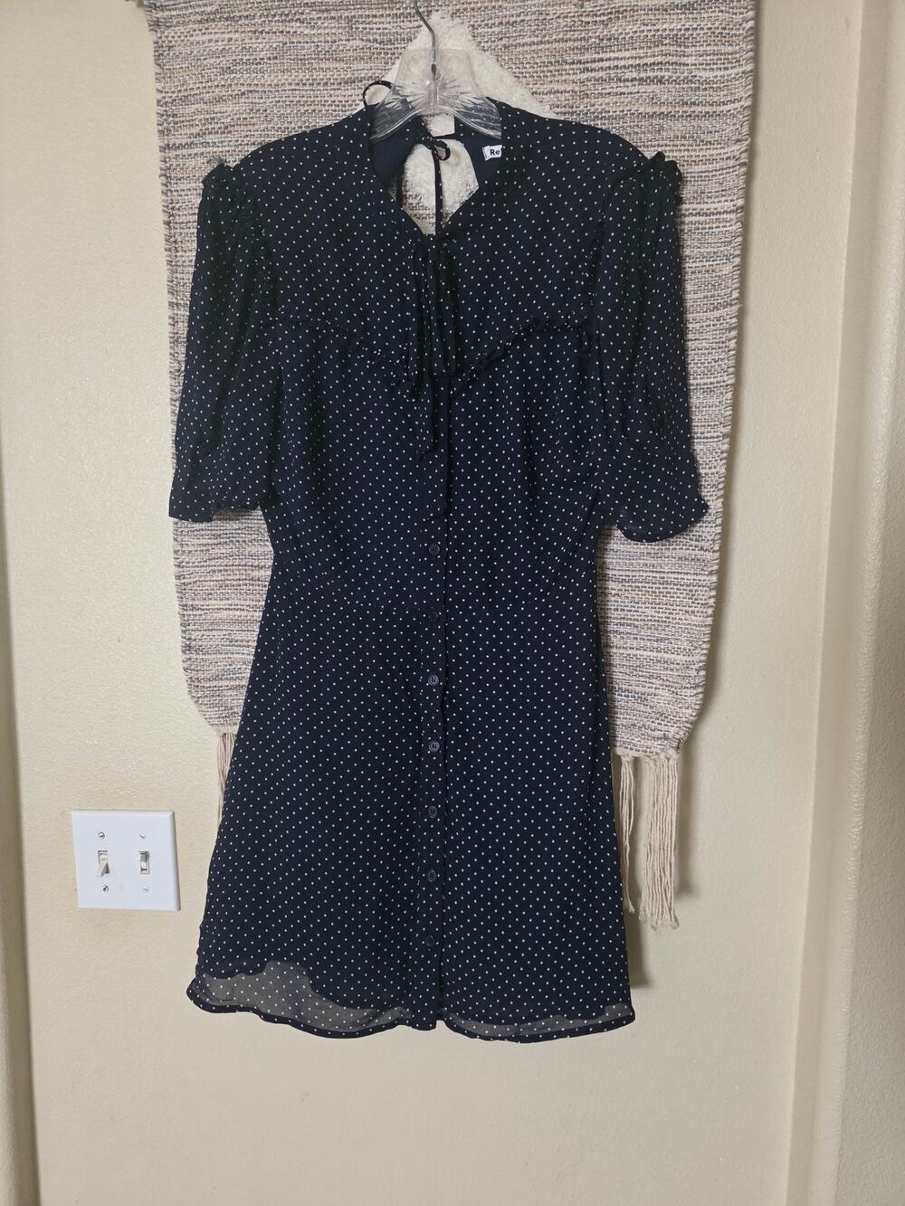 Reformation Polka Dot Mini Dress Blue White Puff Sleeve Button Front Ruffle Sz 6